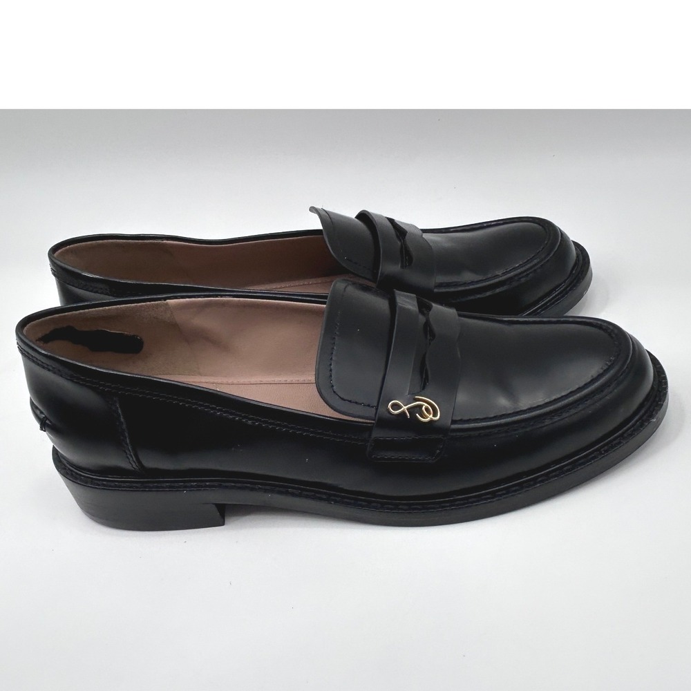 Sam Edelman Loraine Black Leather Penny Loafers Gold Logo Charm Womens Shoes - Picture 5 of 9